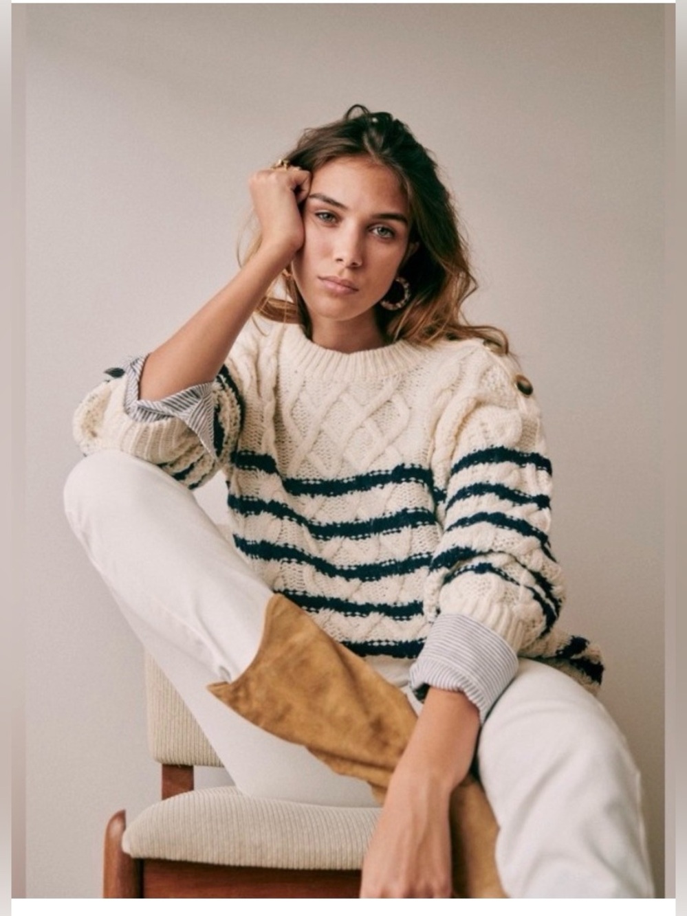 Sezane James Jumper Ecru / Navy - Size M